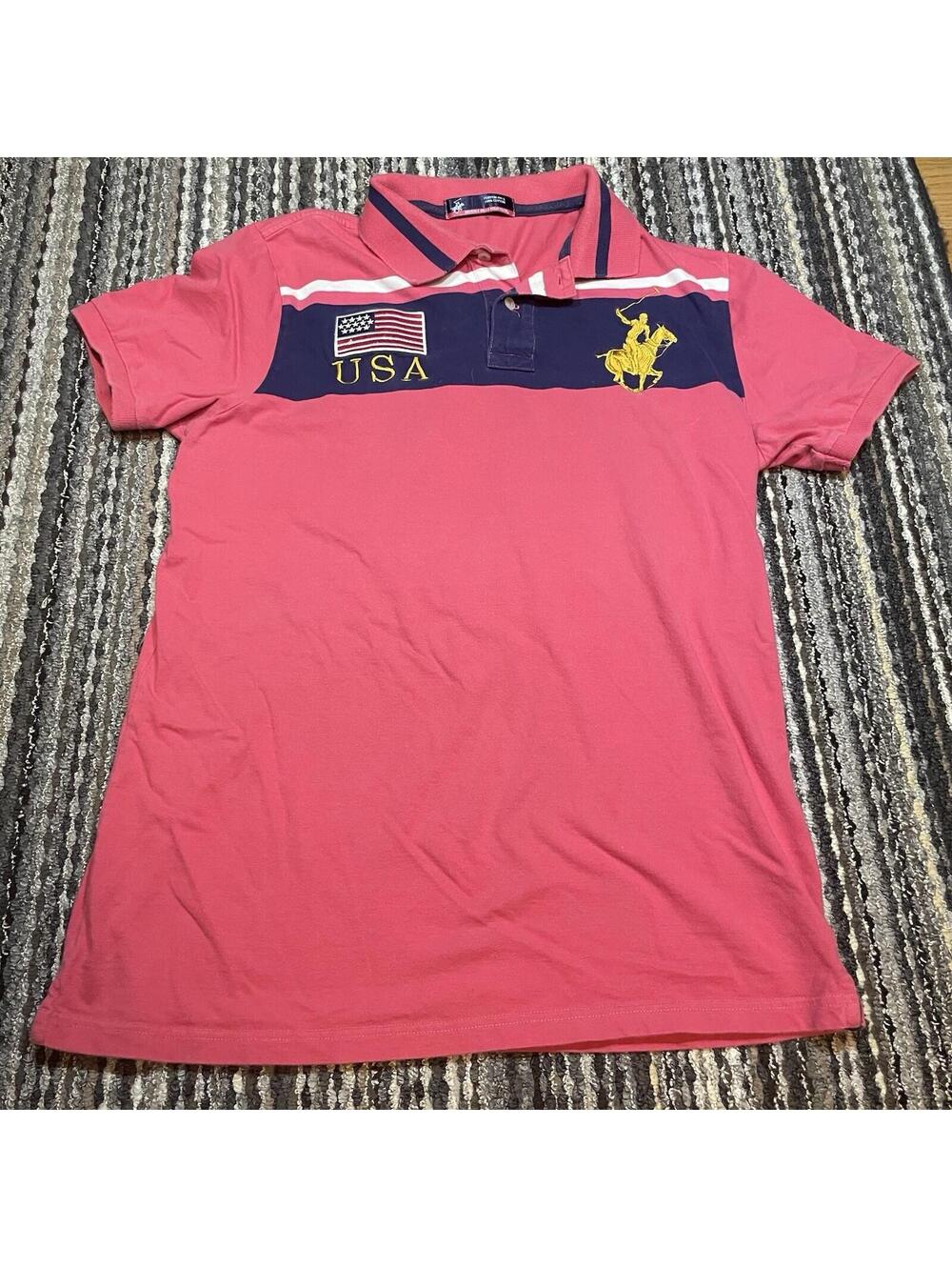 Beverly Hills Polo Club Team Polo USA Polo Shirt Pink Navy Big Pony Men’s Size L